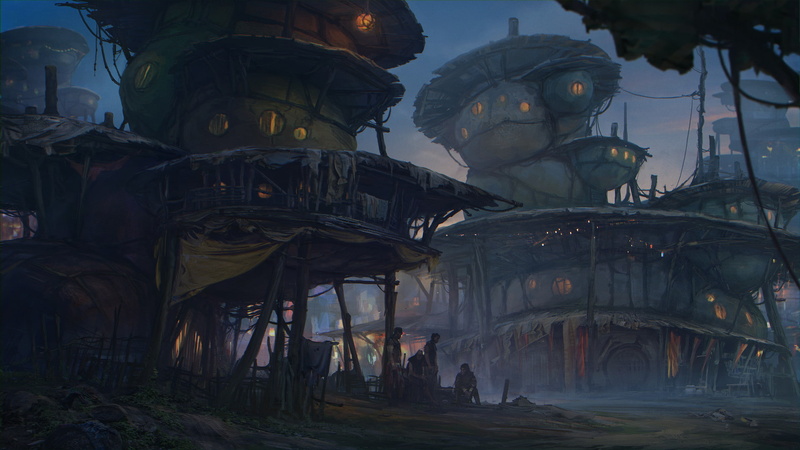 building exterior, damaged, lights, village, architecture, outdoors, fantasy art, no people, spirituality, building, dusk, water, 1080P, abandoned, night