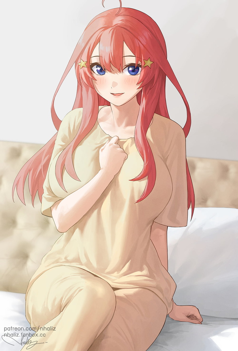 female only, bangs, anime, long hair, short sleeves, anime girls, in bedroom, smile, artwork, sitting, 720P, big boobs, vertical, blue eyes, ahoge, looking at viewer