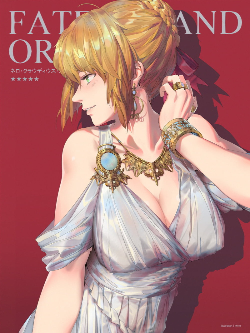 anime, white dress, necklace, cleavage, anime girls, dress, boobs, red background, 720P, bracelets, looking away, rings, women, simple background, blonde