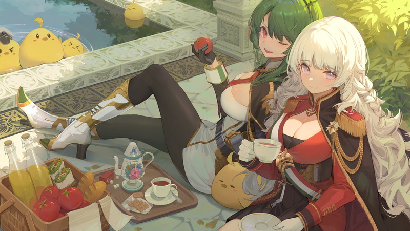 tights, black legwear, green hair, big boobs, gloves, Nekojira, anime, Azur Lane, 2K, manjuu, thighs, pantyhose, picnic, uniform, miniskirt, white hair