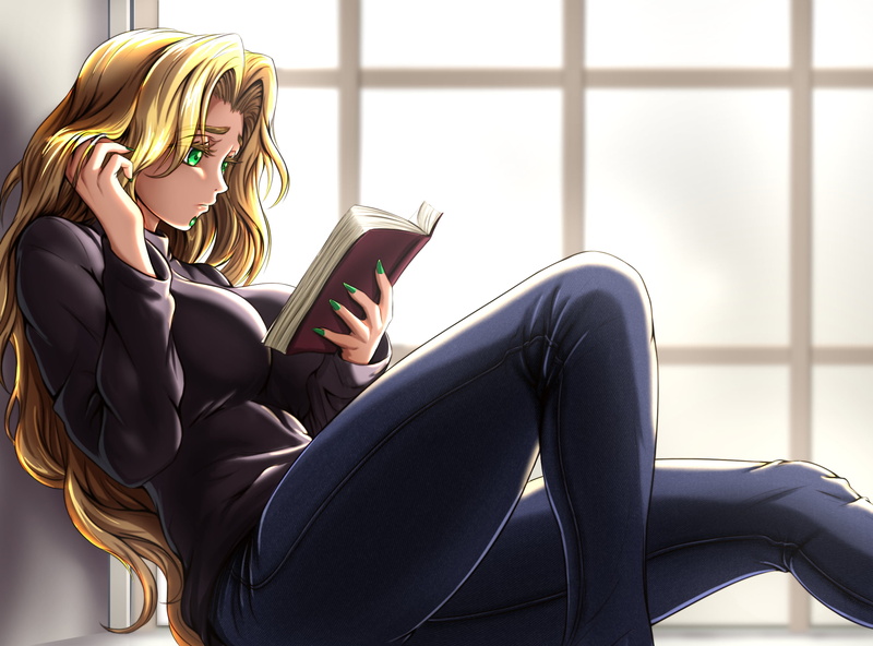 FGO, alternate costume, thighs, sitting, green eyes, jewelry, blonde, black sweater, women indoors, solo, anime, Fate Series, 1080P, jeans, artwork, long nails