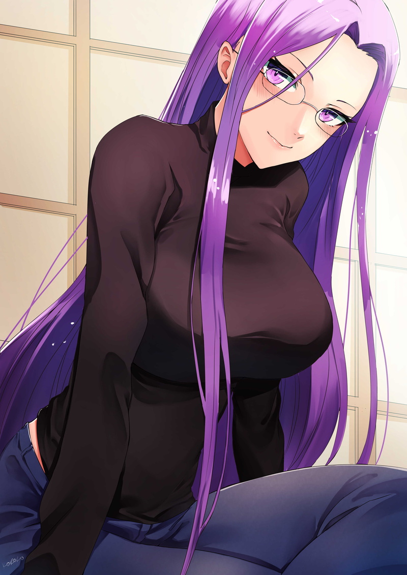 curvy, purple hair, women with glasses, anime, purple eyes, sitting, women indoors, blushing, meganekko, vertical, arm support, 4K, Fate/Stay Night, big boobs