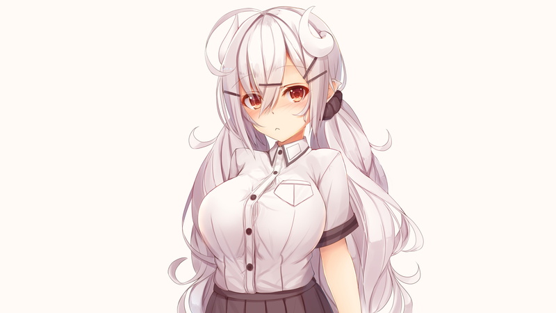 women, anime, red eyes, long hair, school uniform, blushing, anime girls, 4K, original characters, looking at viewer, boobs, Tatapopo, big boobs, silver hair