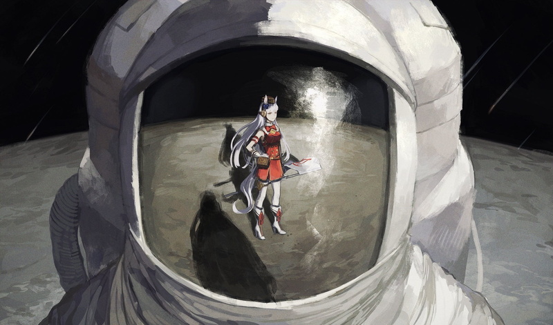 reflection, anime, big boobs, spacesuit, artwork, fan art, purple eyes, space, white gloves, 1080P, anime girls, bangs, animal ears, smiling, long hair