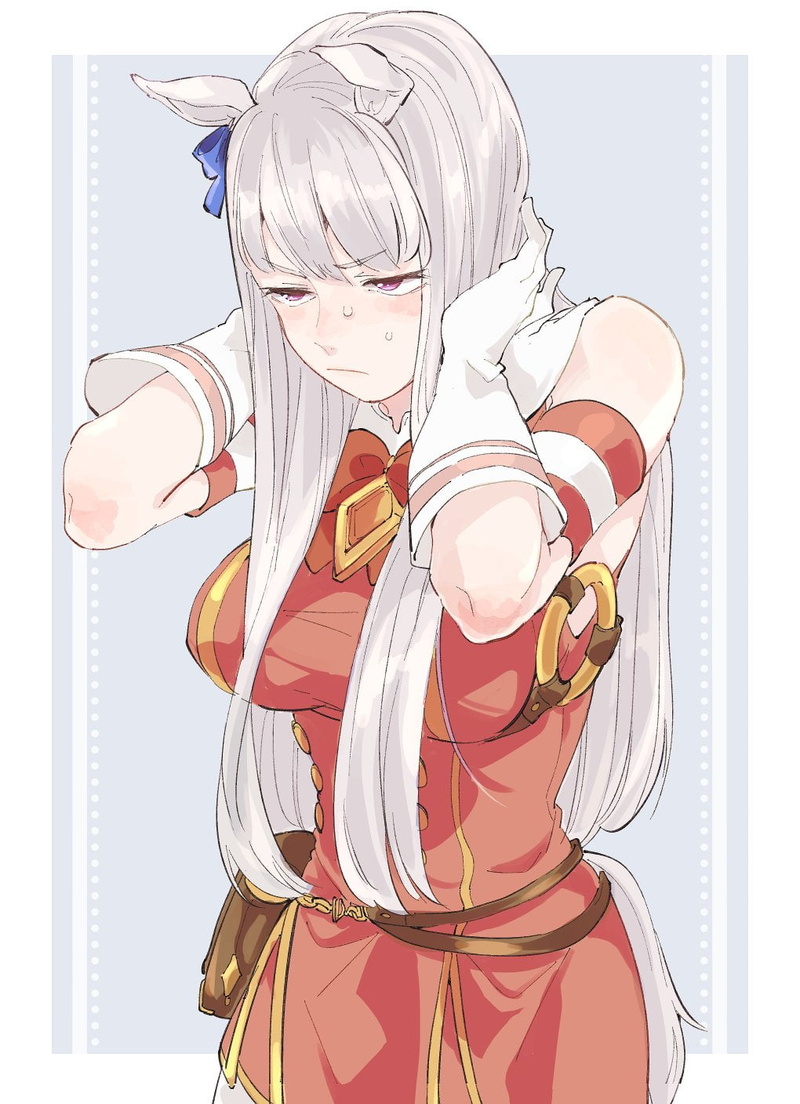 anime girls, big boobs, solo, Gold Ship (Uma Musume), embarrassed, 720P, anime, tail, white gloves, artwork, red dress, fan art, 2D, hands in hair, blunt bangs
