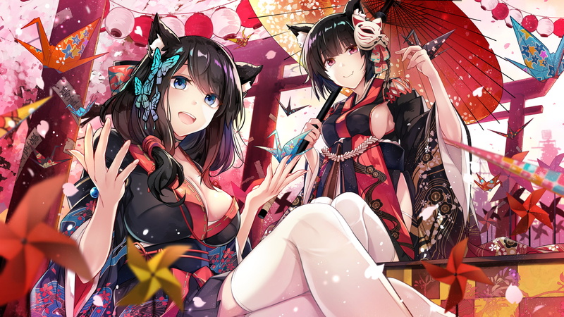 Azur Lane, cat ears, wafuku, nekomimi, 2K, cat girl, cherry blossom, kimono, anime, Yamashiro (Azur Lane), Fusou (Azur Lane), animal ears, stockings, Hirai Yuzuki
