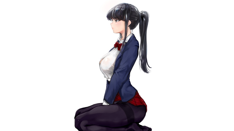 anime girls, ponytail, Mamimi, black hair, arched back, ass, simple background, curvy, white shirt, long hair, skirt, school uniform, thick thigh, anime