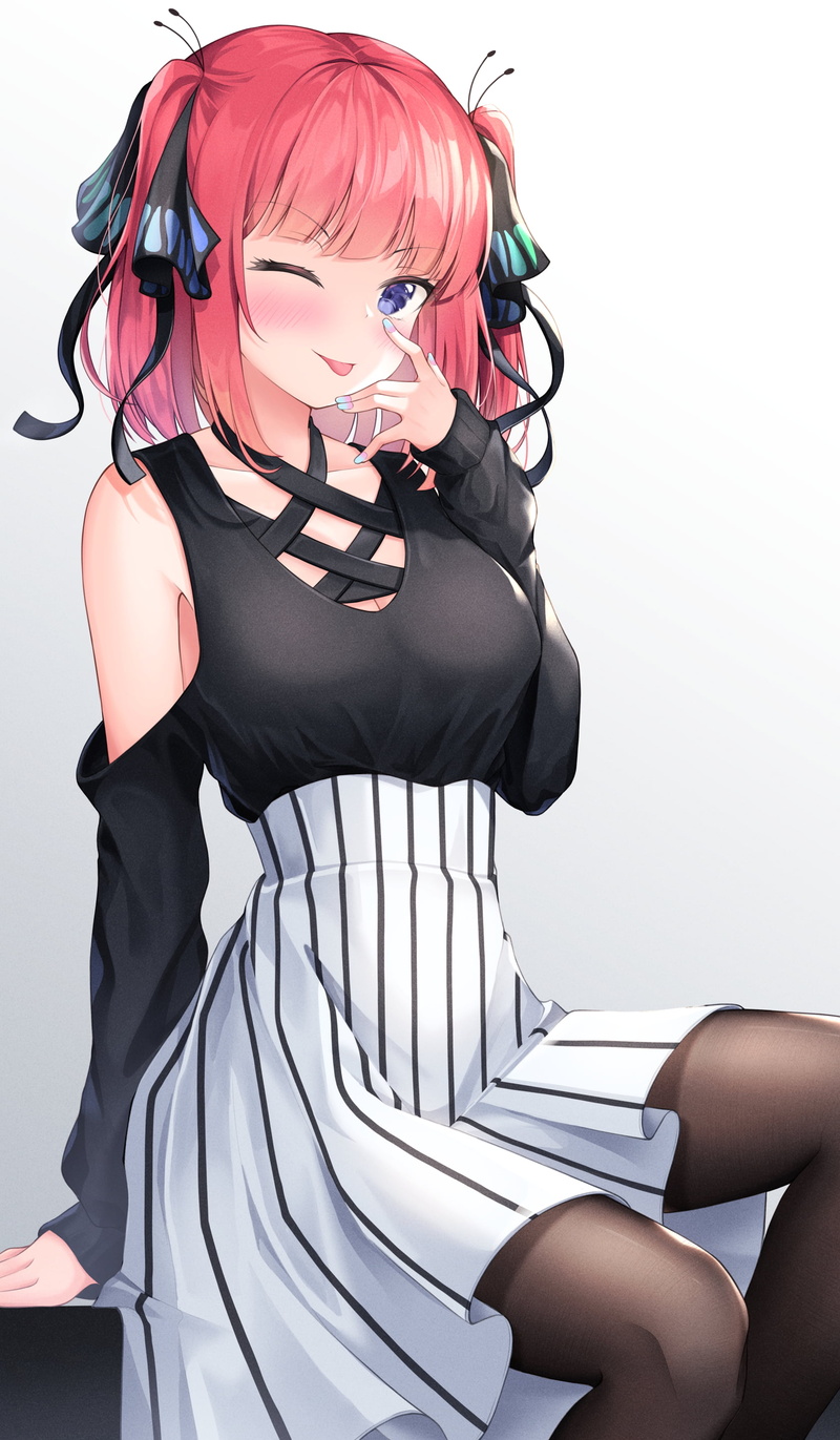 smile, twintails, anime girls, curvy, nail polish, white skirt, redhead, looking at viewer, hair ribbon, sitting, artwork, black shirt, bare shoulders