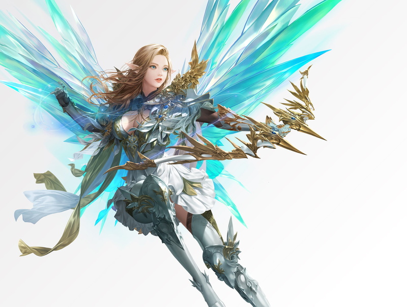 1080P, cleavage, wings, fantasy art, archer, long hair, women, bow, big boobs, pointy ears, brunette, fantasy girl, Daeho Cha, boobs, artwork