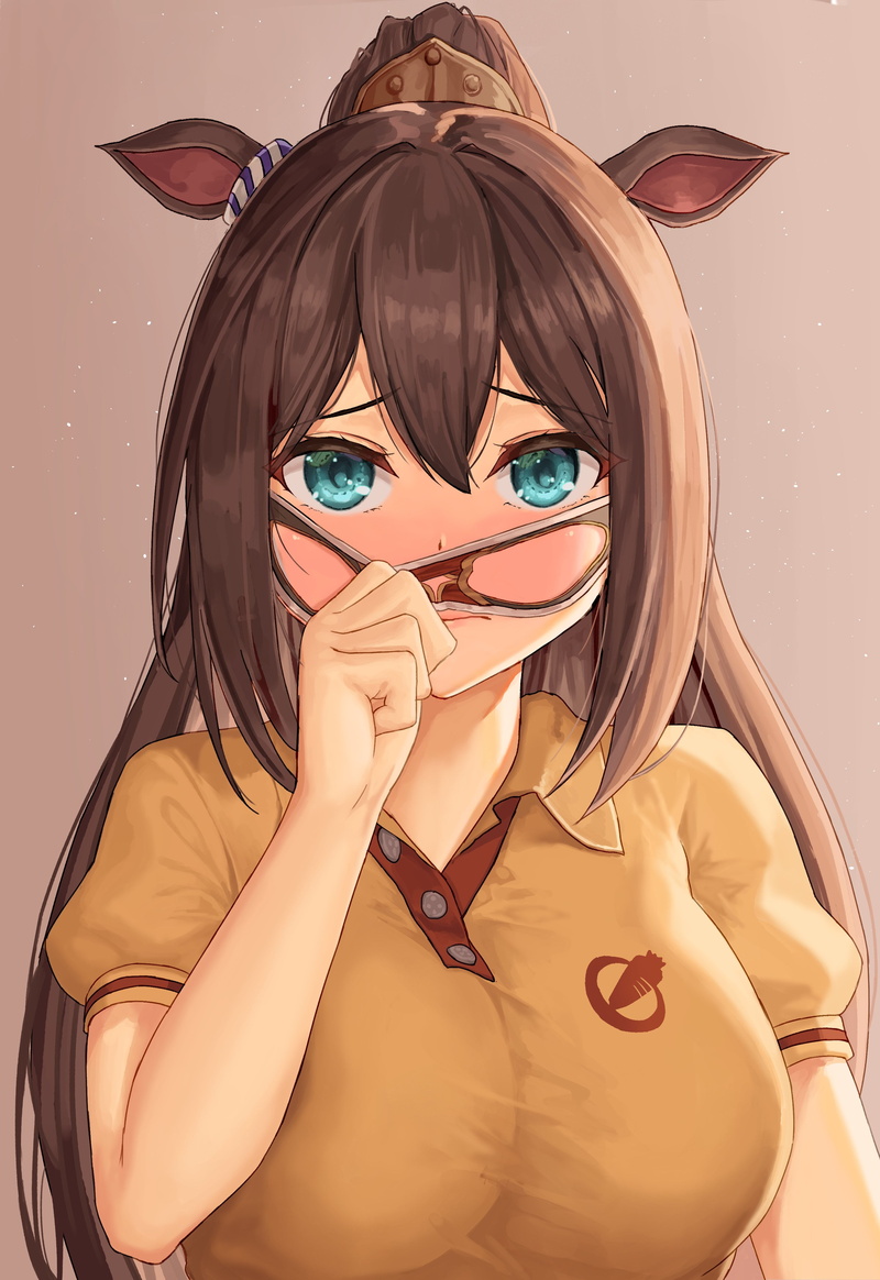 anime, El Condor Pasa (Uma Musume), vertical, animal ears, horse girls, aqua eyes, mask, alternate outfit, bangs, big boobs, Uma Musume Pretty Derby, ponytail