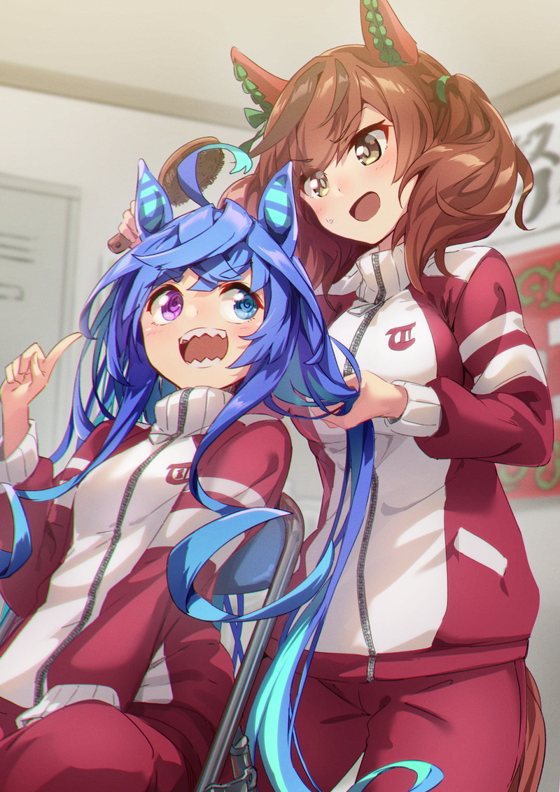 holding hair, anime, brown eyes, blushing, twintails, anime girls, sitting, brunette, purple eyes, open mouth, tracksuit, bangs, 2D, big boobs, heterochromia