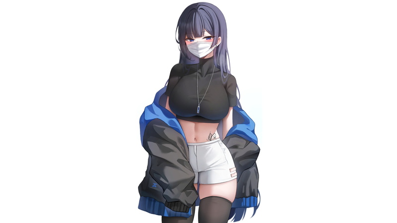 long hair, thighs, crop top, anime girls, original characters, mask, boobs, belly, blushing, Skindentation, anime, looking at viewer, blue eyes, short shorts