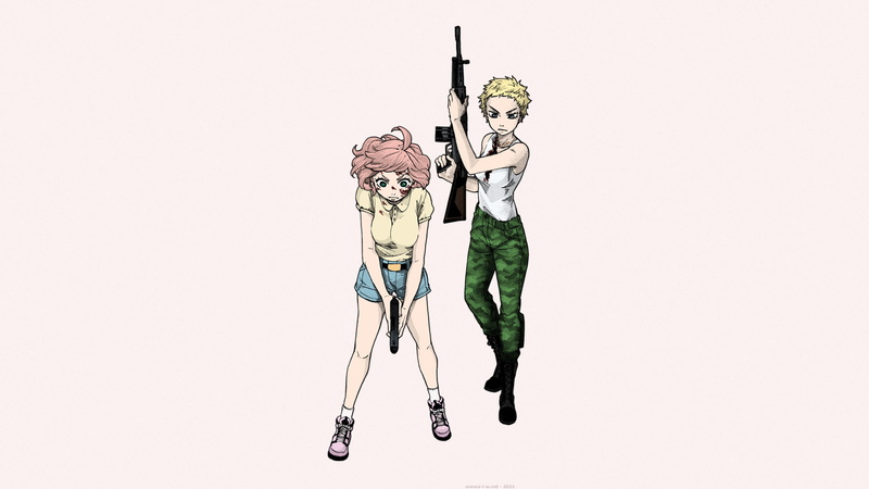 blonde, short pants, machine gun, green eyes, pink hair, Dahlia, Kei Kikuno, injured, Renji Asai, tomboys, big boobs, anime girls, gun, 1080P, anime, short hair