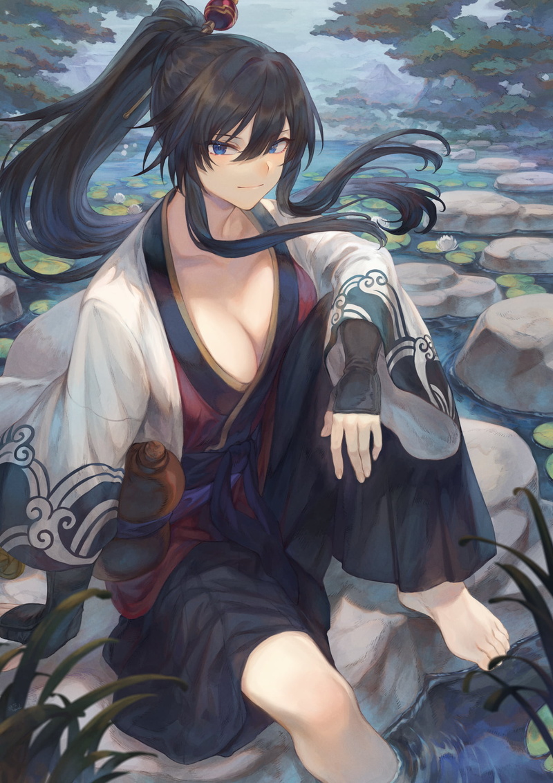 barefoot, original characters, dark hair, big boobs, vertical, anime girls, 1080P, ponytail, anime, mashu_003, cleavage, black hair
