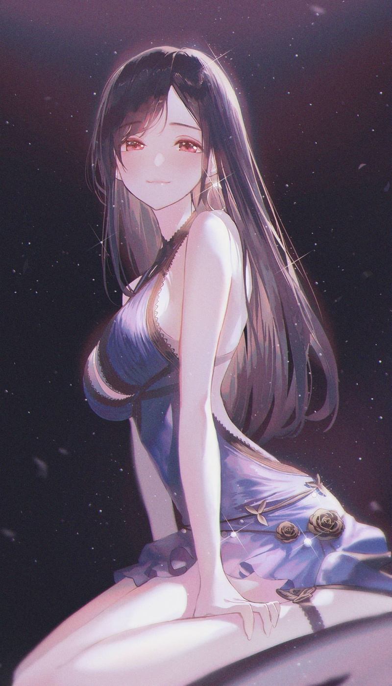 legs, 1080P, black hair, anime girls, dress, earring, big boobs