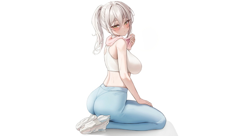 4K, sports bra, digital art, original characters, silver hair, big boobs, ass, simple background, ponytail, sideboob, Biya, boobs, thighs, anime girls