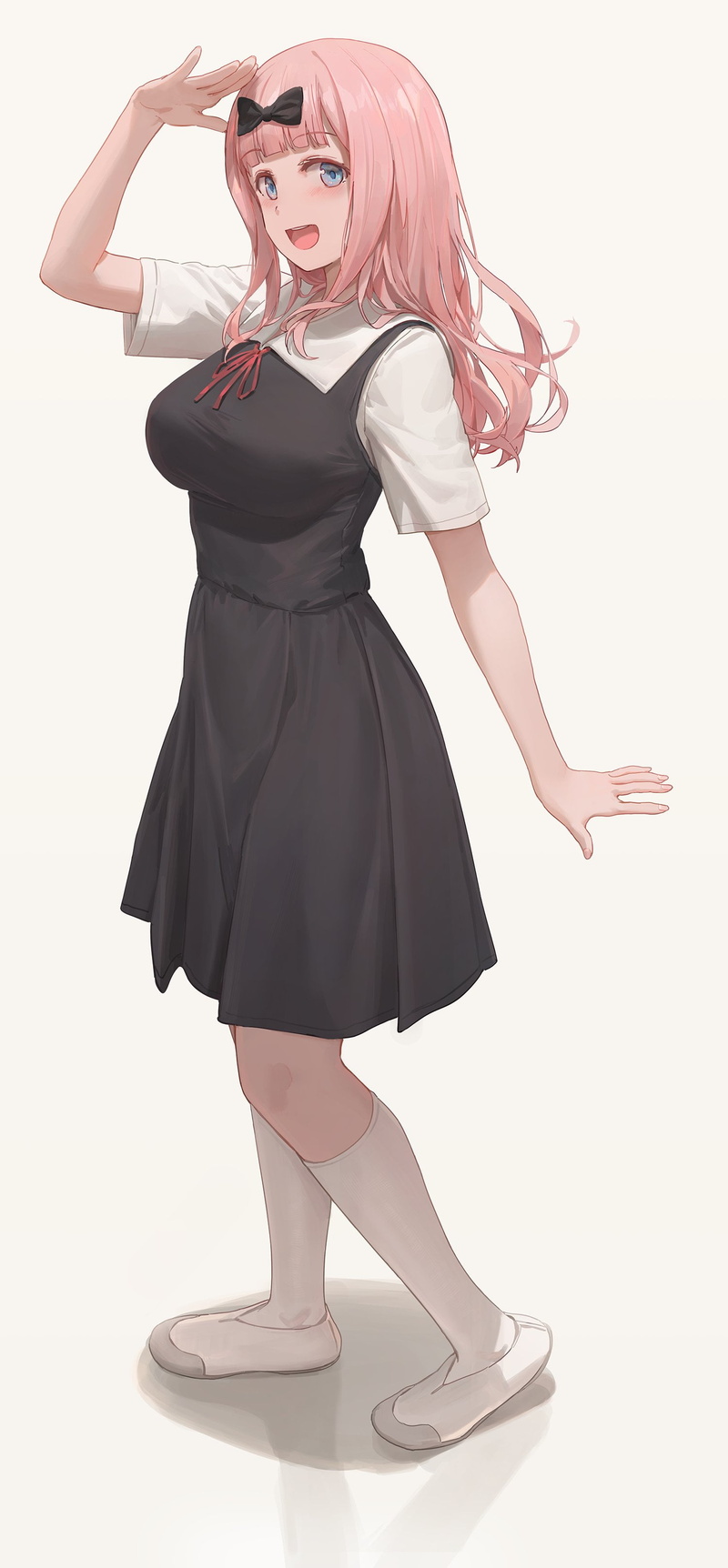 pink hair, 2K, open mouth, simple background, white shoes, blunt bangs, thighs, vertical, Chika Fujiwara, blushing, smile, standing, anime, 2D, school uniform