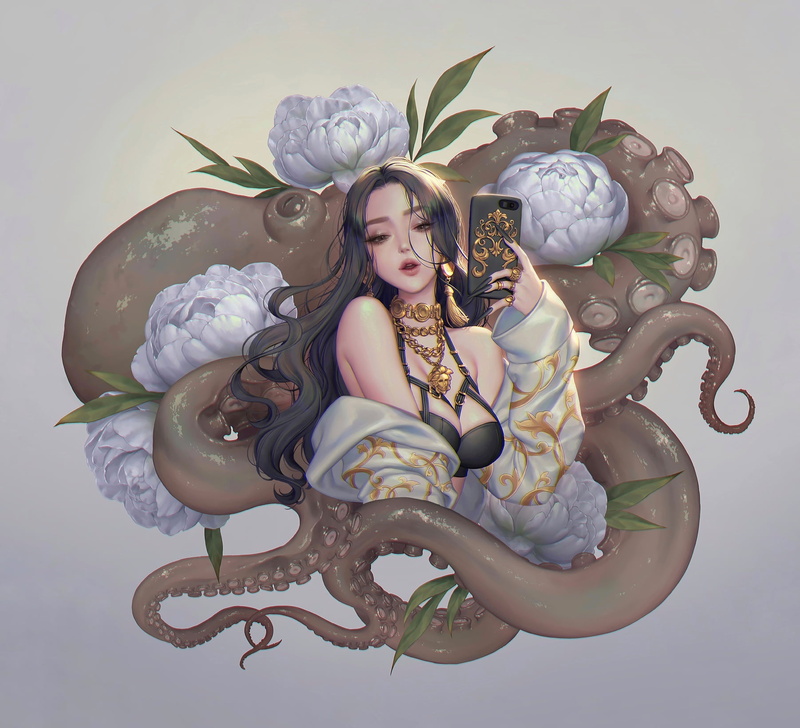anime, selfies, big boobs, love cacao, octopus, bar, phone, lips, long hair, long nails, 720P, anime girls