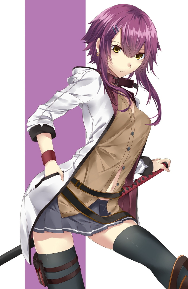anime, skirt, anime girls, long hair, 1080P, stockings, purple hair, yellow eyes, sword