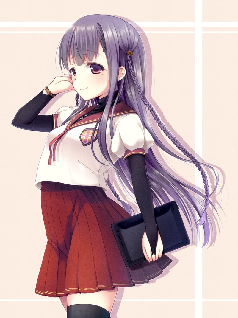stockings, purple eyes, anime girls, long hair, 720P, purple hair, anime