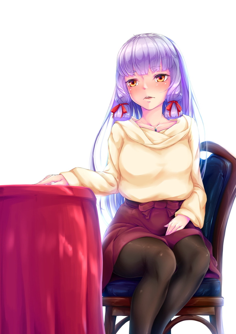 purple, portrait, long hair, sitting, adult, sweater, indoors, brightly lit, front view, hairstyle, females, 1080P, looking at camera, stockings, one person