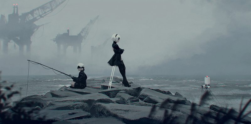 Video Game, Sitting, Dress, Fishing, Black Dress, Thigh Boots, Boy, YoRHa No.2 Type B, 1080P, YoRHa No.9 Type S, Robot, Blindfold, Short Hair, Water, NieR: Automata