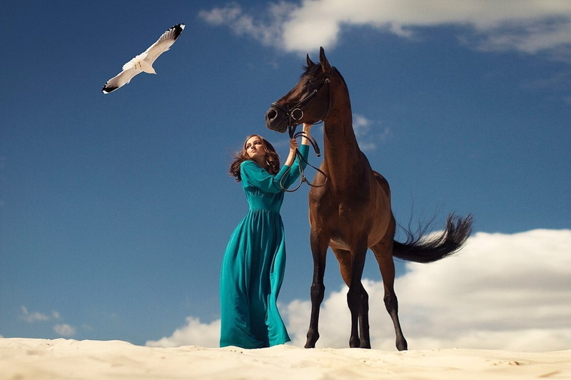 birds, women, young women, Dasha Kond, sky, adult, one animal, fantasy girl, domestic animals, mammal, full length, animal wildlife, leisure activity, vertebrate