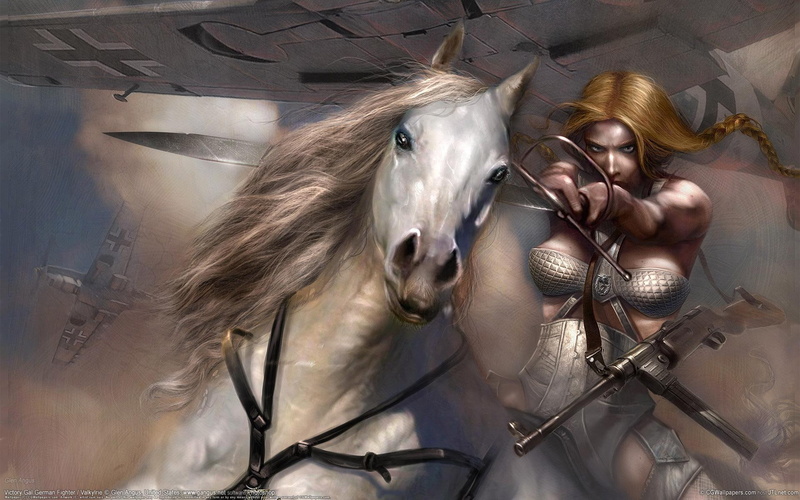 horse and girl, girl, riding, me109, grey, 1080P, haired, ride, blonde, warbird, warrior, horse, woman, armed, me 109, valkyrie, plane