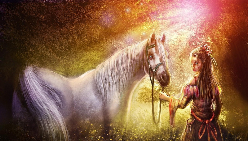 and her horse, dress, painting, fantasy, 1080P, horse, white horse, 3d and abstract, woman, white, girl