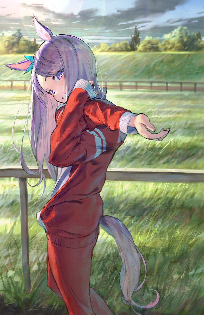 purple eyes, Uma Musume Pretty Derby, smile, stretching, anime girls, side view, sunrise, artwork, gym clothes, bangs, wood fence, tracksuit, looking at viewer