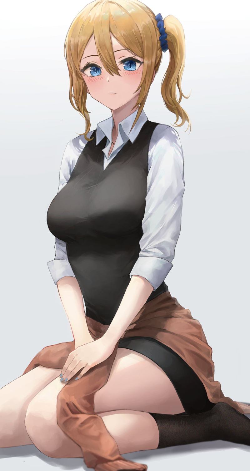 big boobs, JK, Hayasaka Ai, ponytail, simple background, Pigonhae, vertical, blue eyes, sitting, curvy, black dress, gradient, frown, bangs, barefoot, white t-shirt