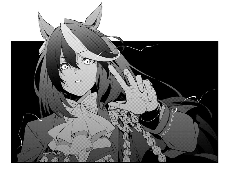 monochrome, animal ears, simple background, multi-colored hair, glowing eyes, 720P, parted lips, white gloves, brunette, horse girls, Uma Musume Pretty Derby