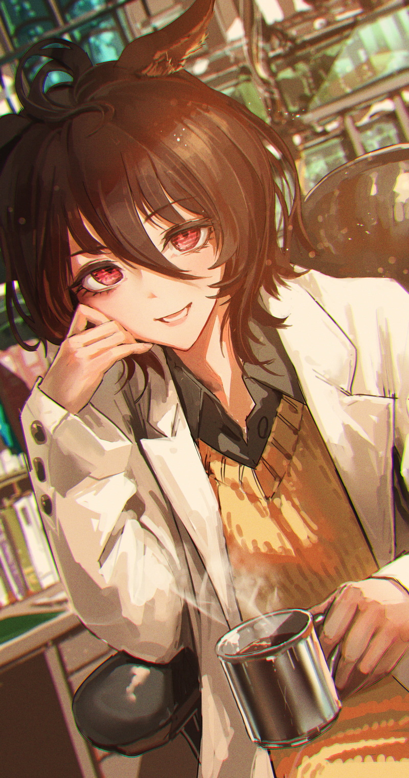 brunette, parted lips, anime, Kaburagi Yasutaka, artwork, short hair, small boobs, sitting, looking at viewer, red eyes, smile, hand on face, fan art, Agnes Tachyon (Uma Musume)