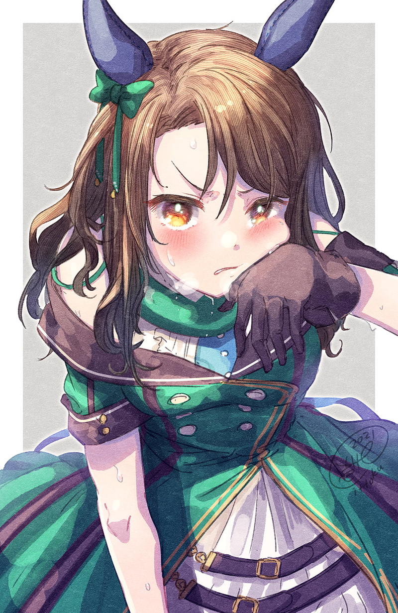 sweatdrop, horse girls, arched back, long hair, King Halo (Uma Musume), 2D, artwork, blushing, shoulder length hair, Uma Musume Pretty Derby, looking at viewer