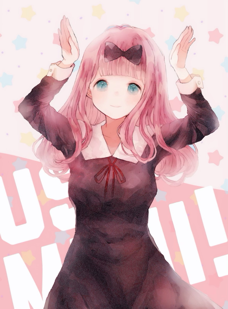 long hair, 1080P, black ribbons, fan art, Kaguya-Sama: Love is War, school uniform, smiling, black dress, looking at viewer, pink hair, 2D, Chika Fujiwara
