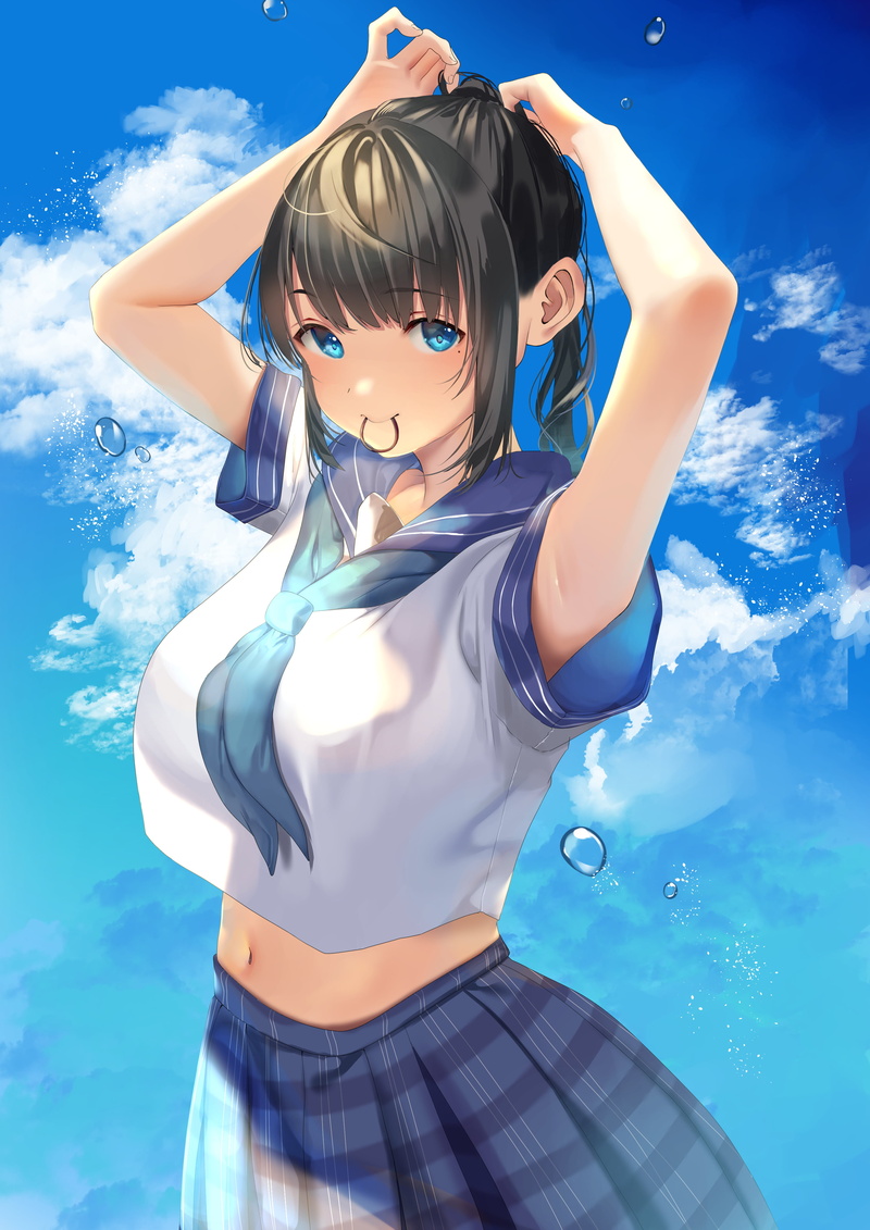 sky, portrait display, schoolgirl, clouds, looking at viewer, illustration, original characters, black hair, vertical, belly, digital art, anime girls