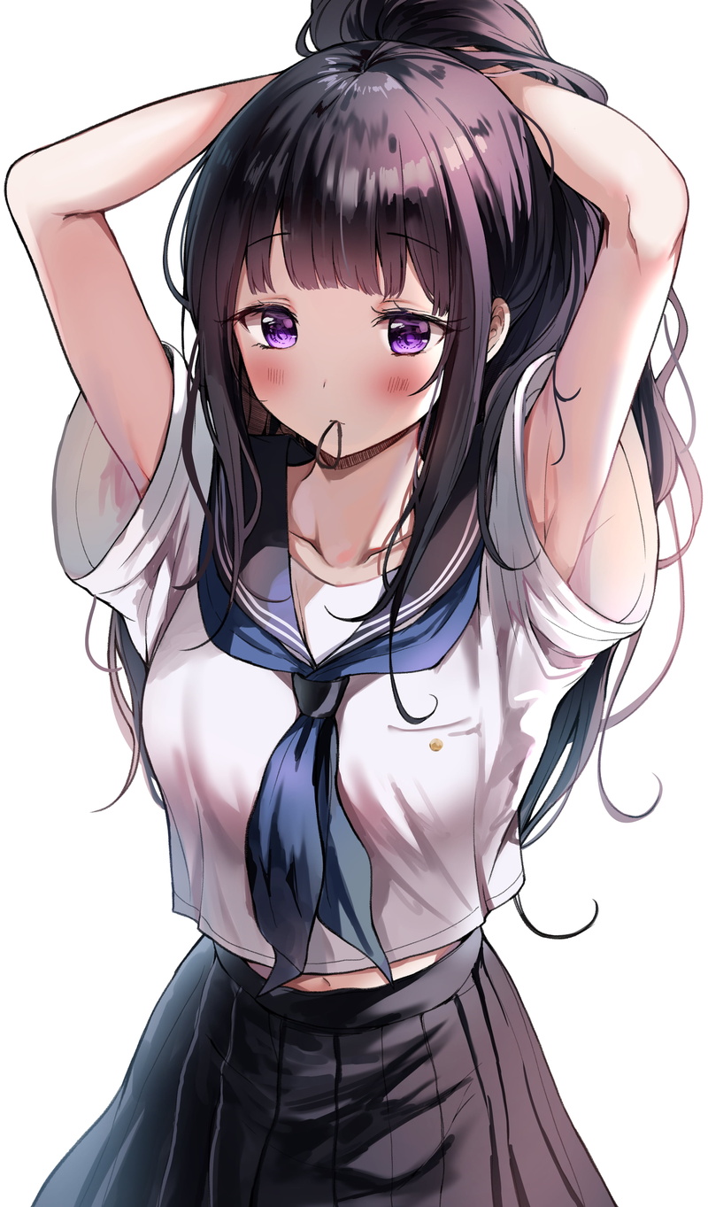 fan art, purple eyes, 4K, blushing, Hyouka, Sak, brunette, sailor uniform, drawing, illustration, Chitanda Eru, anime girls, vertical, anime, looking at viewer