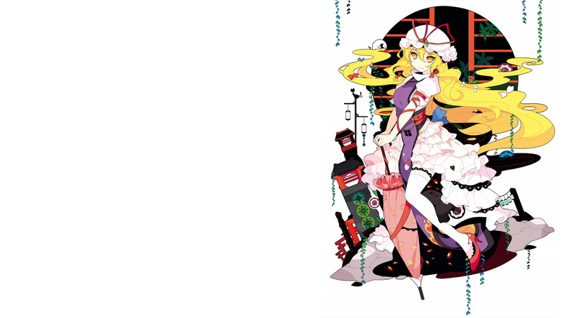 copy space, still life, anime girls, 720P, studio shot, indoors, long hair, wall - building feature, Yakumo Yukari, bangs, paper, white dress, high heels