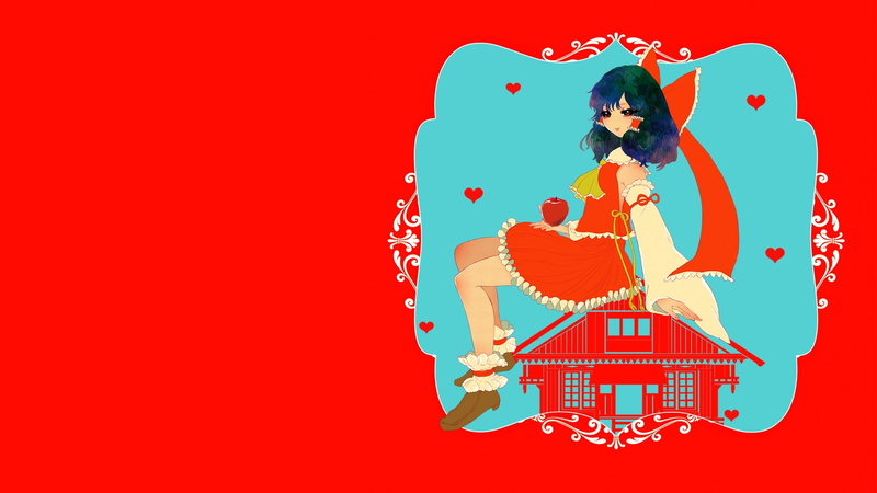 black hair, blue background, studio shot, detached sleeves, one person, red, adult, heart, copy space, long hair, fruit, sitting, red background, sky, ribbon