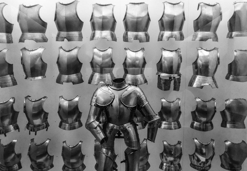repetition, representation, display, full frame, armoury, in a row, stainless, armory, choice, knights, armor, steel, museum, black and white, 4K, exhibit