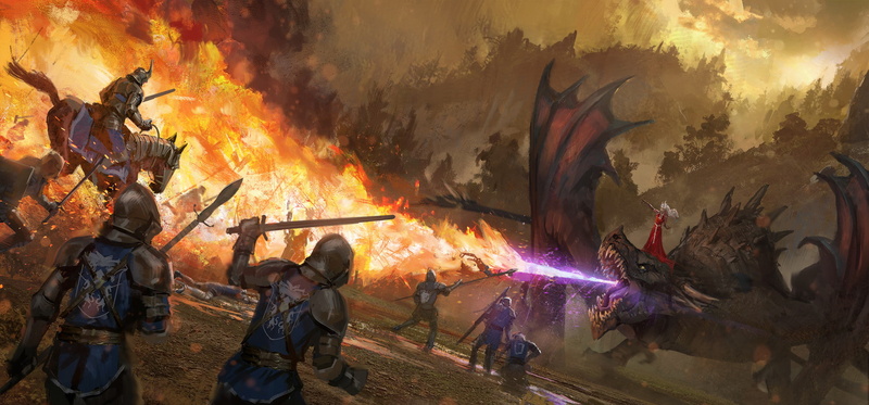 soldier, 1080P, fantasy art, knight, fire, dragon, army, digital art, giant