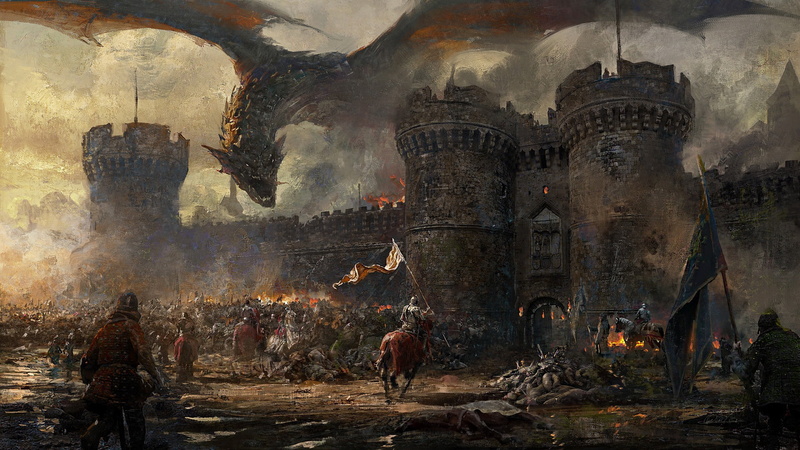 weapons, creature, army, wall, Dragon, 1080P, armor, banner, horse, fantasy, fantasy art, artwork, knight, fire, smoke, soldiers, painting art, castle