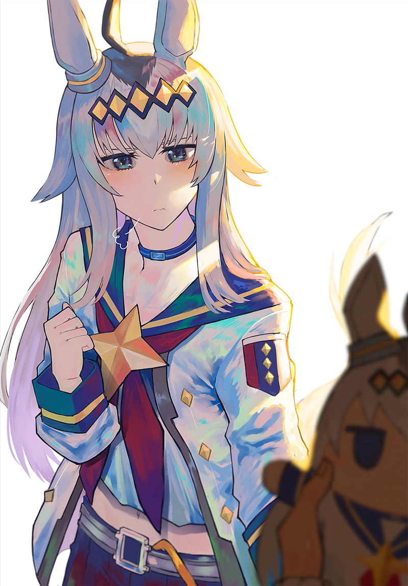 bangs, bicolored hair, fan art, anime, belly, vertical, hair ornament, simple background, belly button, Oguri Cap (Uma Musume), black hair, silver hair