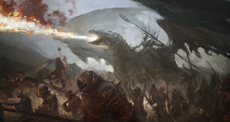 1080P, fantasy art, warrior, fire, digital art, army, dragon