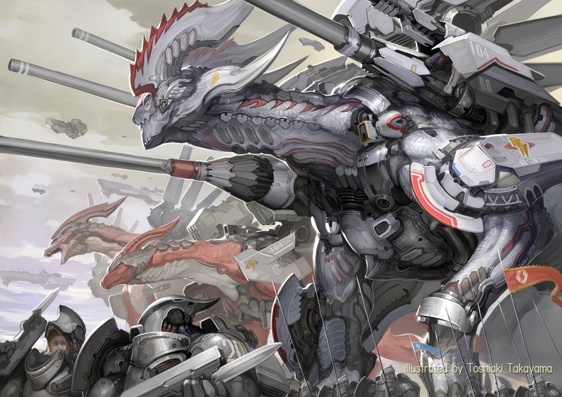 banner, war machine, dragons, guns, robot, fantasy art, sci-fi, army, artwork, cannons, weapons, Toshiaki Takayama, digital art, creature, spears, science fiction