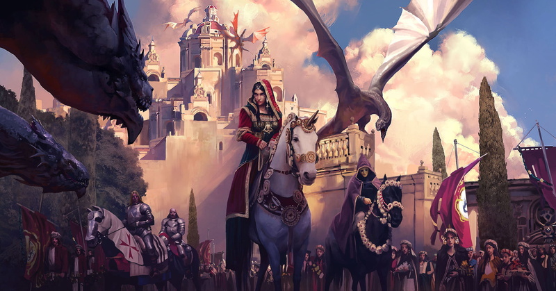 unicorn, mask, army, medieval, flag, fantasy art, women, illustration, 1080P, dragon, castle, warrior, fantasy girl, digital art