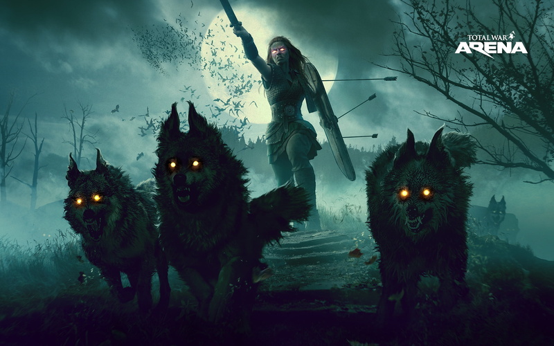 wolves, total war, Total War Arena, Boudica, attack, shield, arrows, wolf, dark, 2K, moon, sword, female