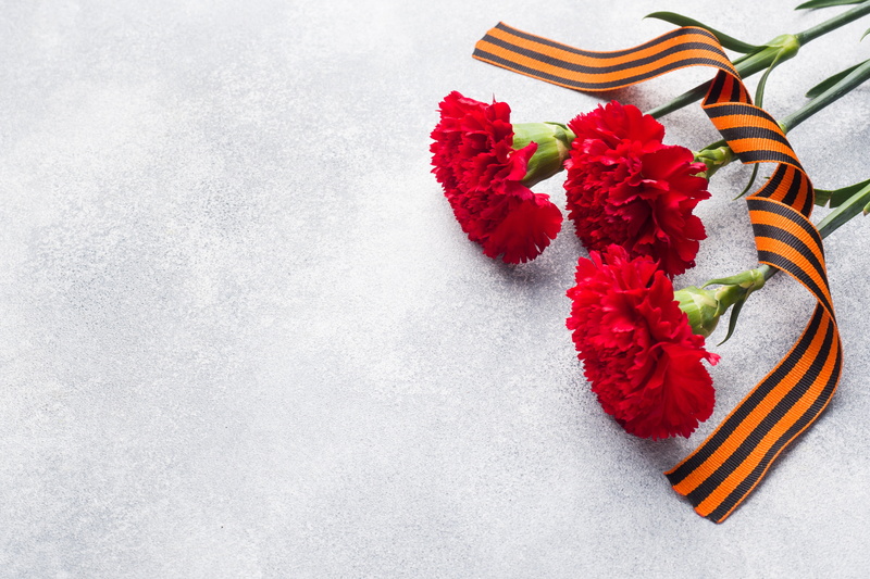 flowers, St. George ribbon, holiday, May 9, victory day, carnation, candles, 4K