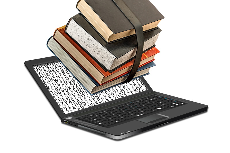 white background, business, indoors, communication, 4K, technology, data, laptop, digitization of library, studio shot, desktop pc, library books, bookshelf