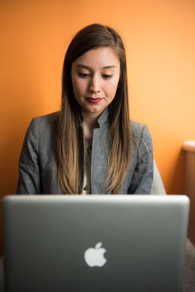sitting, communication, portrait, hairstyle, computer network, 5K, attractive, women, wireless technology, pretty, apple, gray, coat, front view, young adult